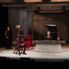 Foreground: Jordan Metcalfe as Brtus, Stephanie Street as Sicinius, David Oyelowo as Coriolanus, Oliver Senton as Rutilus and Peter Forbes as Menenius
