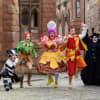 Sam Woods (Tommy the Cat), Lois Brook (Dick Whittington), Iain Lauchlan (Sarah the Cook), Craig Hollingsworth (Idle Jack) and Andy Hockley (King Rat)