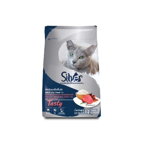 Silver ซิลเวอร์ อาหารแบบเม็ด รสทูน่าและข้าวหอมมะลิผสมทูน่าอบแห้ง สำหรับแมวโตทุกสายพันธุ์ 1.2 kg