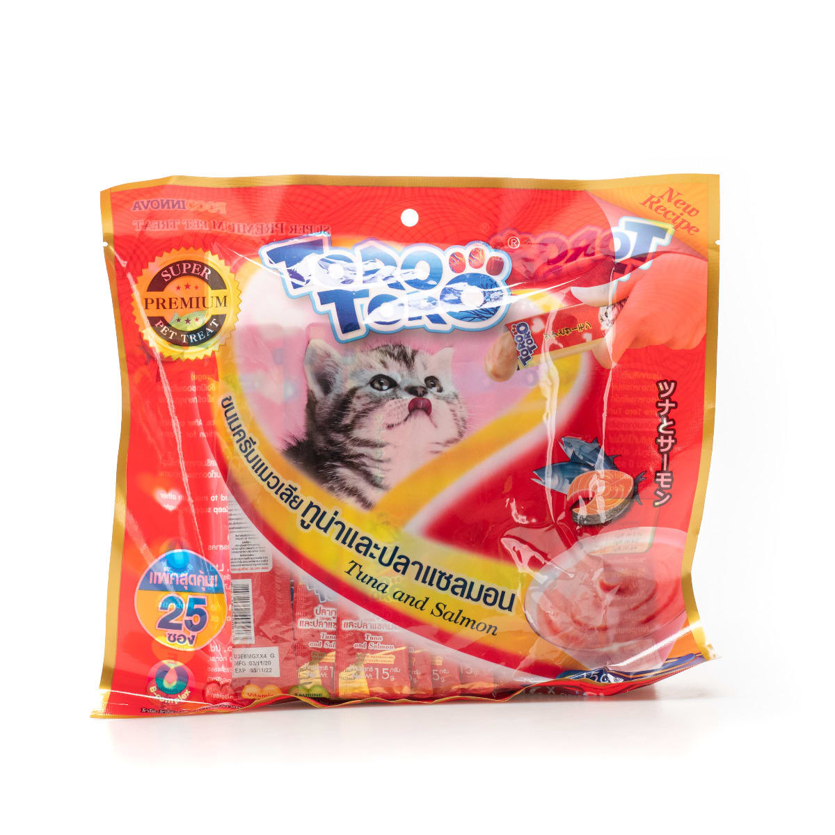 Toro Toro โทโร โทโร่ ขนมครีมแมวเลีย รสปลาทูน่าและปลาแซลมอน 15 g, 25 ชิ้น