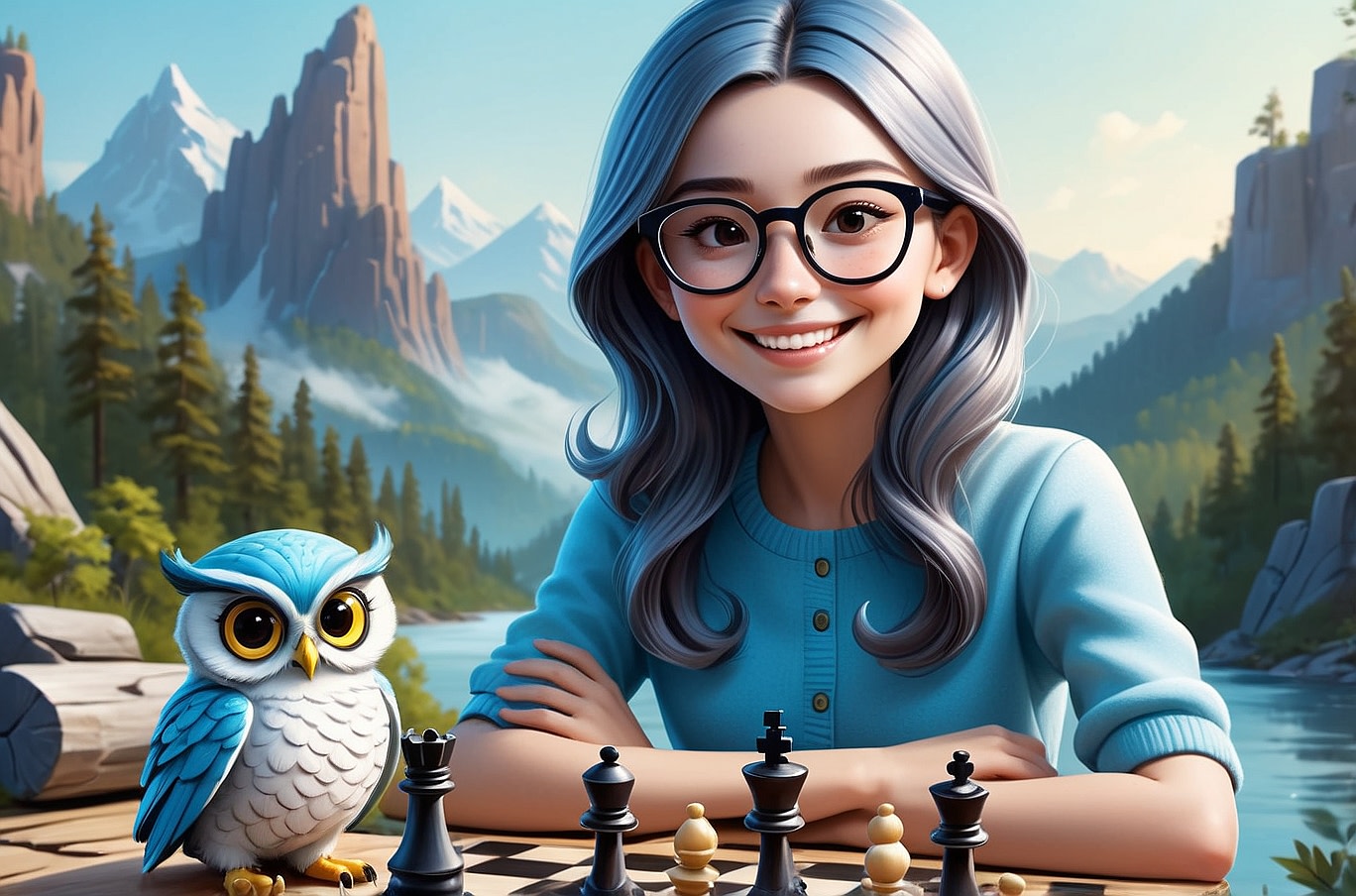 Leonardo.Ai | Prompt: "A young techie lady with a vibrant personality, sporting trendy glasses, light blue (hex color #5F92C3) highlights in her hair and accompanied by a small single playful cartoon owl familiar, sits confidently on a log playing chess against a backdrop of mountains and rivers."