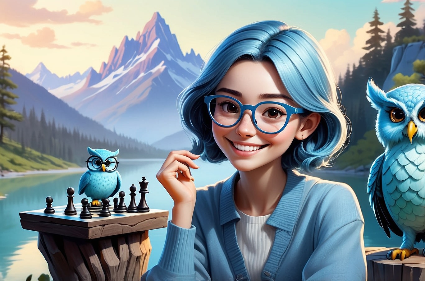 A young techie lady with a vibrant personality, sporting trendy glasses, light blue (hex color #5F92C3) highlights in her hair and accompanied by a small single playful cartoon owl familiar, sits confidently on a log playing chess against a backdrop of mountains and rivers.