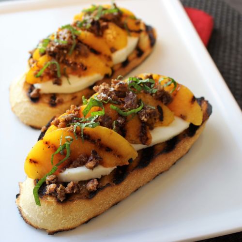Grilled Peach Tartines with Burrata and Cardamom and Clove Crumble