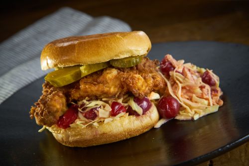 Sorghum Fried Chicken Sandwich with Cherry Slaw