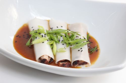 BBQ Pork Rice Noodle Roll with Mango Garlic Soy Sauce