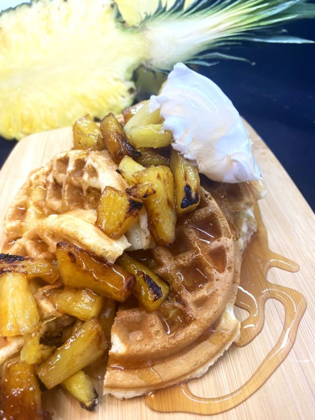 Pineapple Coconut Waffles with Hot Honey & Broiled Gold Pineapple Tidbits