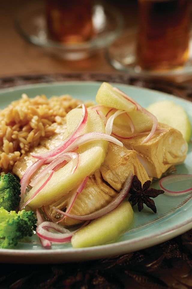 Tea Poached Halibut with Pickled Apples