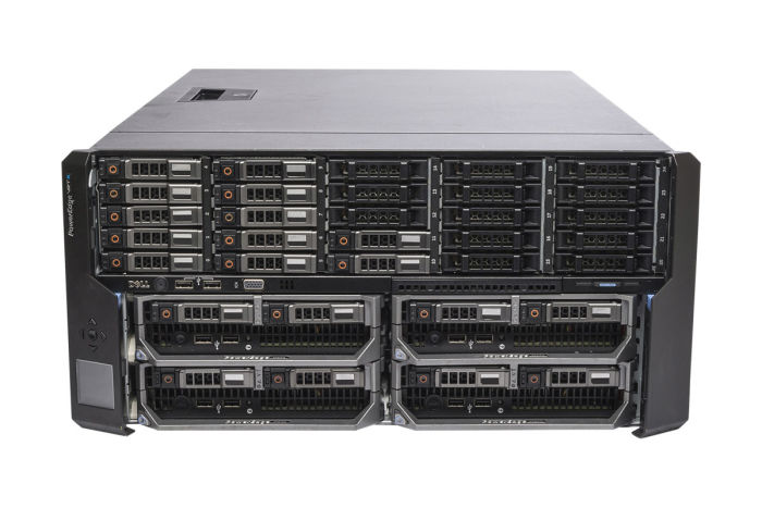 Front view of Dell PowerEdge VRTX with 4 x M630 and 2 x 400GB SSD SAS 2.5" 12Gbps Solid State Drives Installed