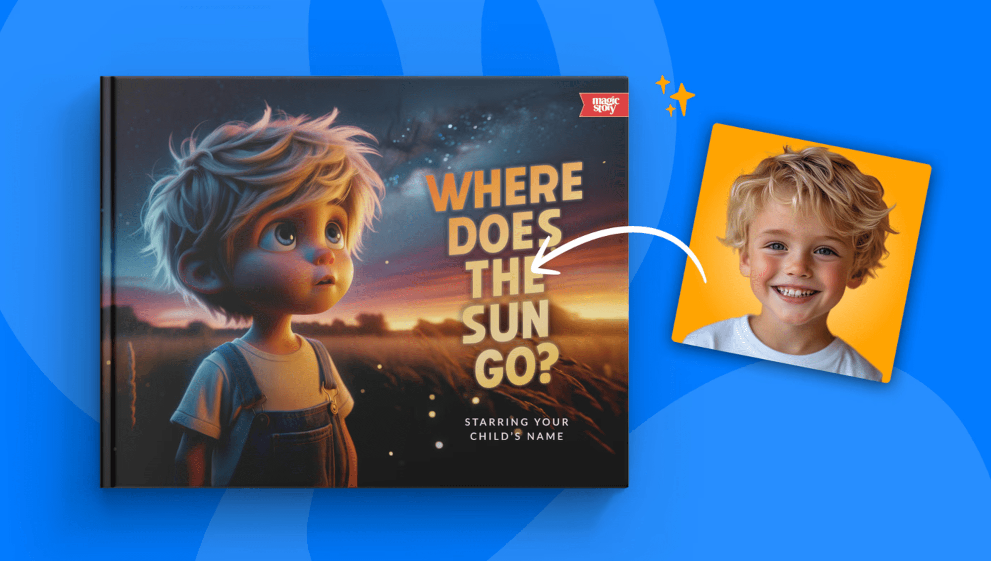 Personalized illustration from Where Does the Sun Go  -  a child chasing the sunrise across painted clouds