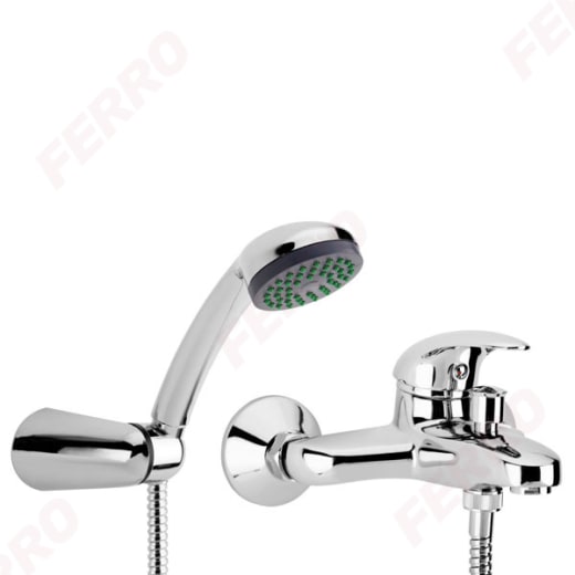 Смесител Ferro Ancona, вана-душ, с ръчен душ, шлаух, закачалка за стена, месинг, хром