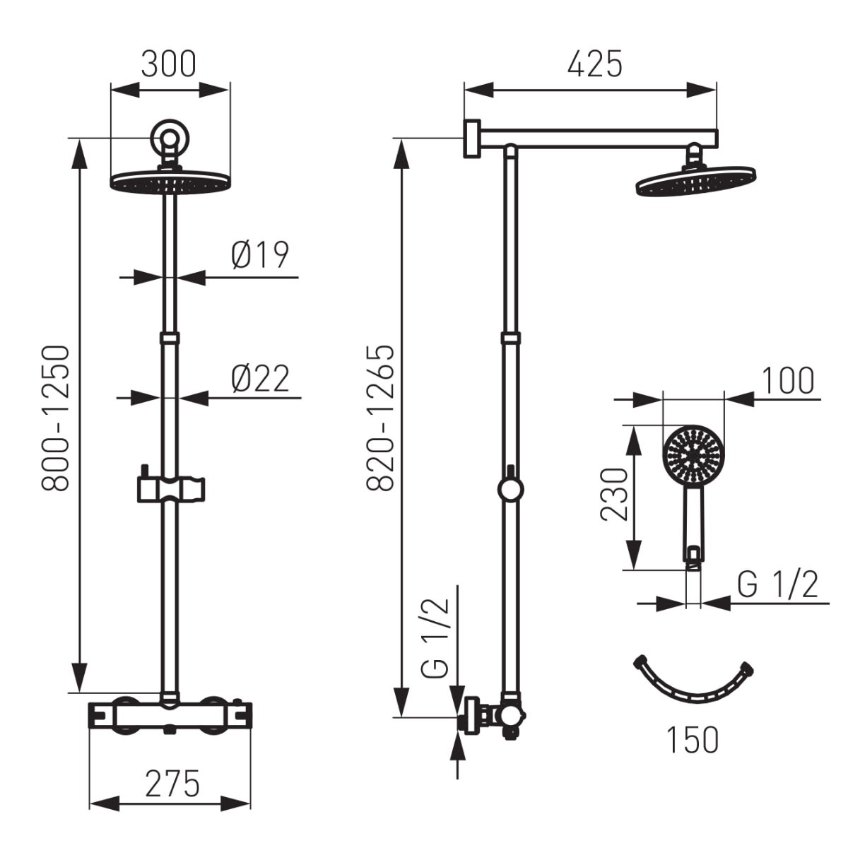 Душ система Ferro Algeo Square, с ръчен душ и смесител, система за лесно отстраняване на варовик, месинг