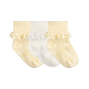 Frilly Non-Slip Stay-On Baby and Toddler Socks - 3 Pack in Lemon Drop and Pearl White