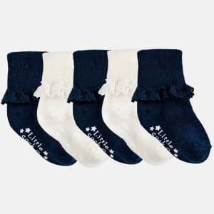 Frilly Non-Slip Stay-on Baby and Toddler Socks - 5 Pack in Navy and Pearl White