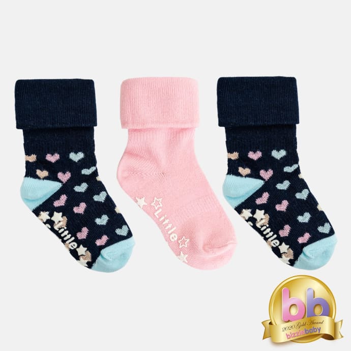 OUTLET - Non-Slip Stay On Baby and Toddler Socks - 3 Pack in Navy hearts & Pink
