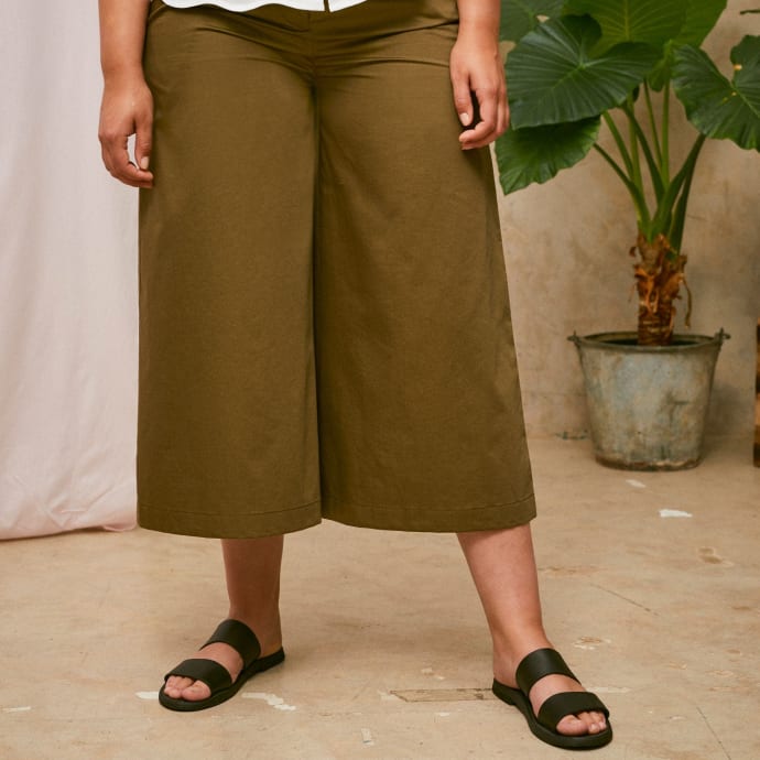 Amelia Wide Leg Culotte Trouser, Khaki Deadstock Cotton