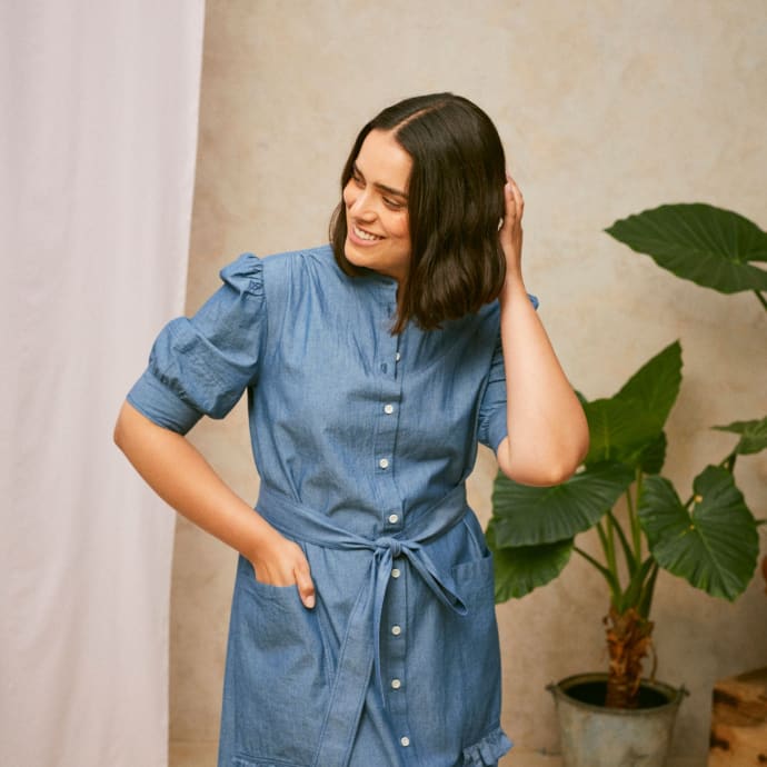 Rosa Puff Sleeve Shirtdress, Blue Light Wash Japanese Denim