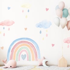 Monivärinen Rainbow & Rain Drops Large Wall Art Composition: Easy to Apply Removable Rainbow and Rain Drops Stickers