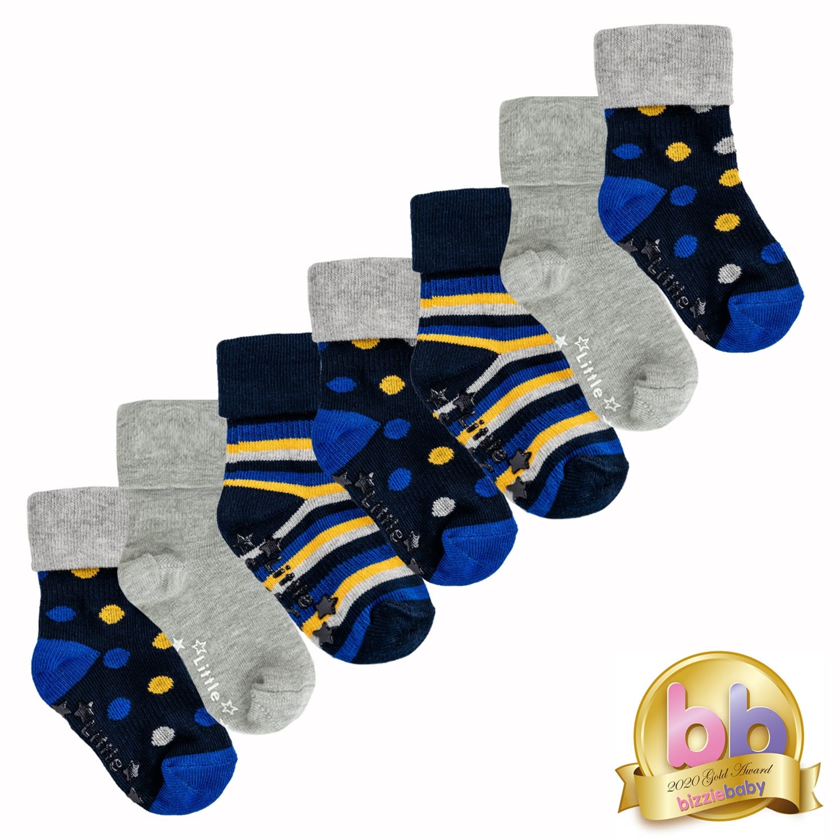 Non-Slip Stay On Baby and Toddler Socks - 7 Pack in Shades of Blue and Mustard with Grey