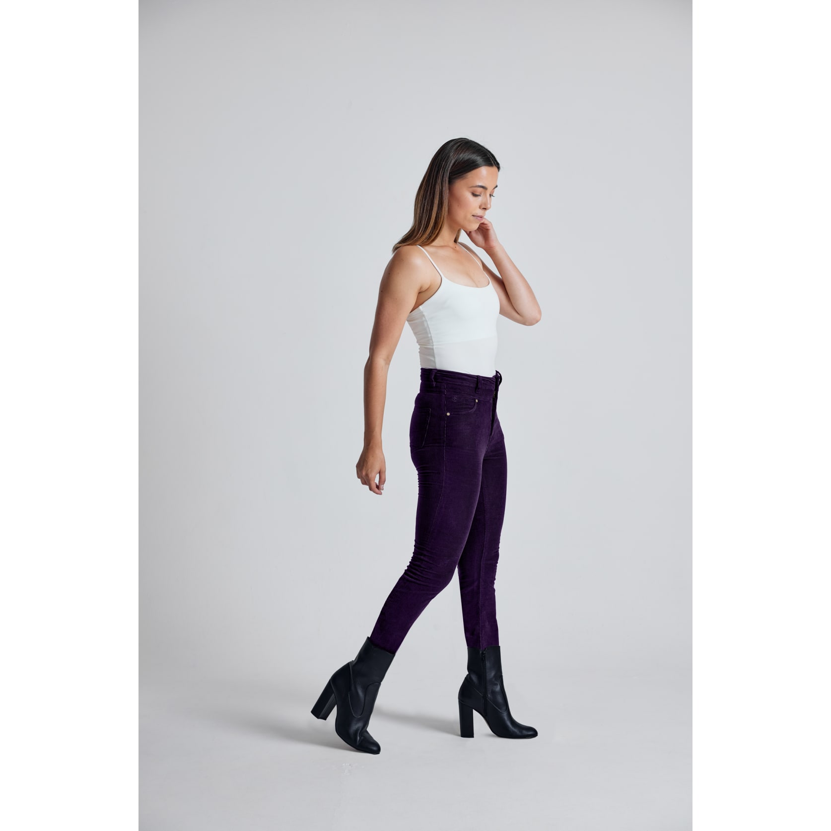 Aubergine Babycord Nina High Waisted Skinny Jeans - GOTS Certified Organic Cotton and Elastane