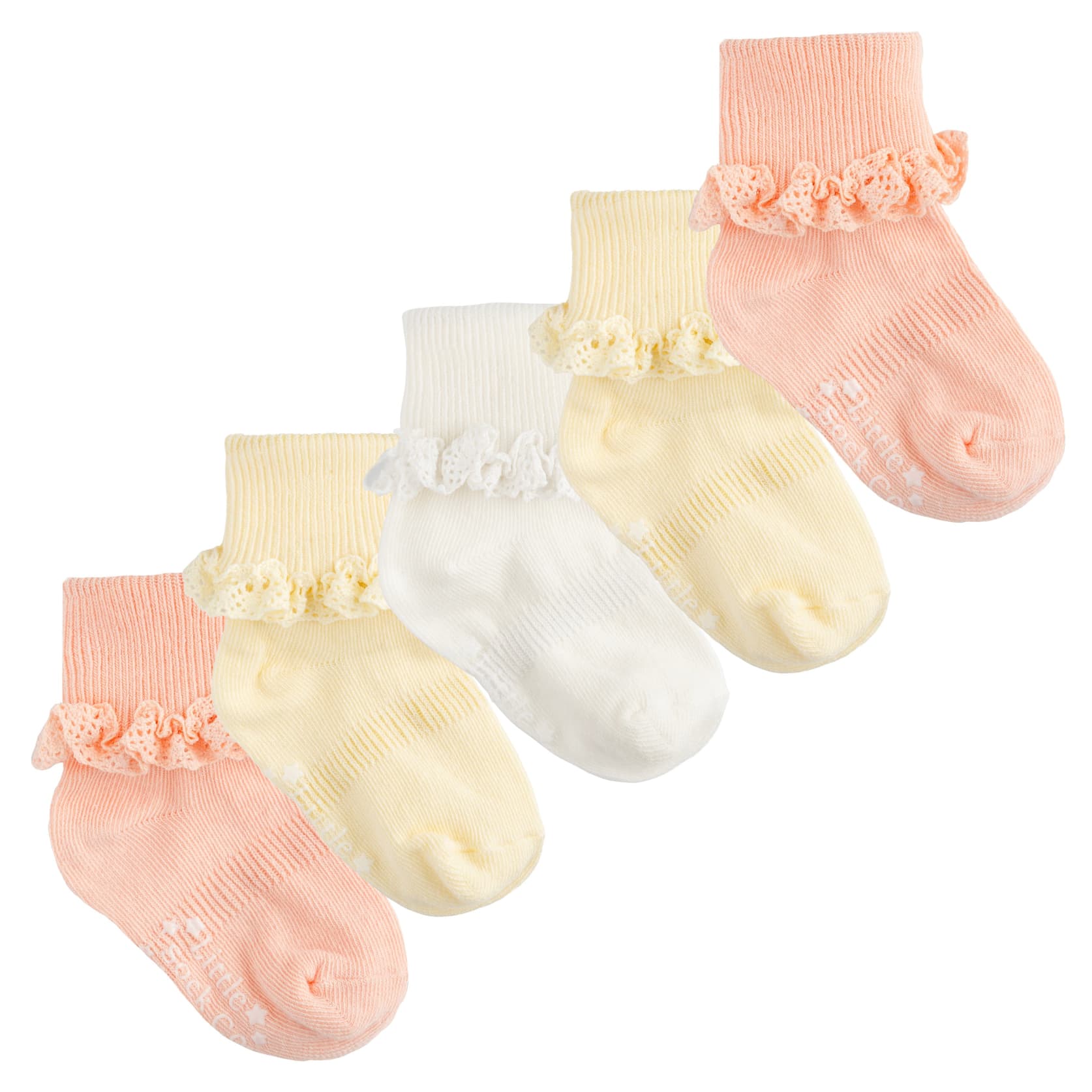 Frilly Non-Slip Stay-on Baby and Toddler Socks - 5 Pack in Peaches 'n' Cream, Lemon Drop and Pearl White