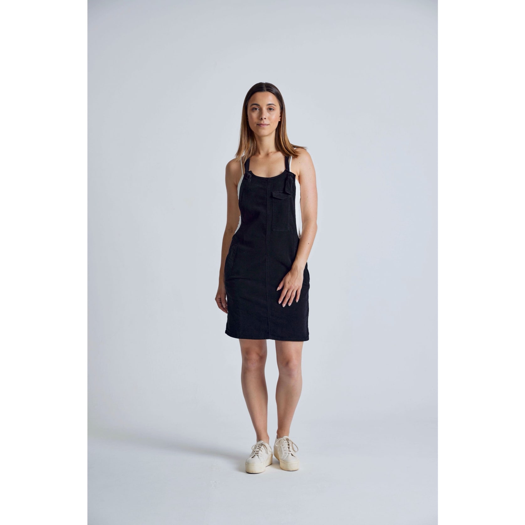 Black Babycord Peggy Pocket Dungaree Dress - GOTS Certified Organic Cotton and Elastane