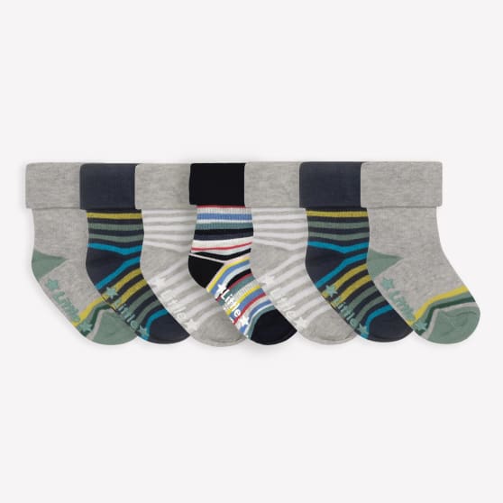 Non-Slip Stay On Baby and Toddler Socks  - 7 Pack in Blue Stripe