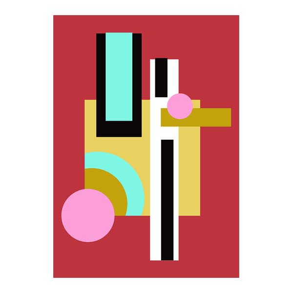 Abstract constructivist geometric poster in burgundy red and cyan Bauhaus style