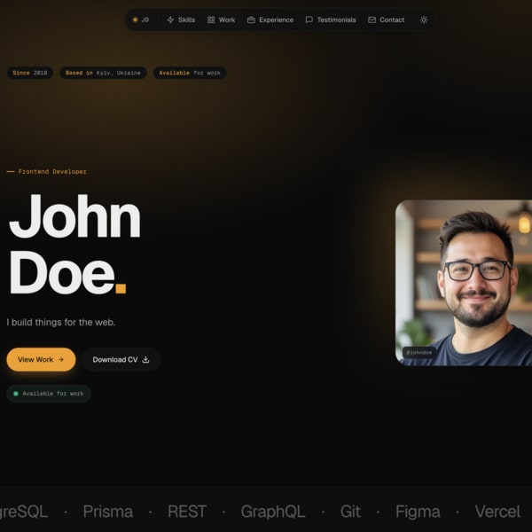 Next.js шаблон портфоліо — один конфіг файл, темна тема, готове SEO
