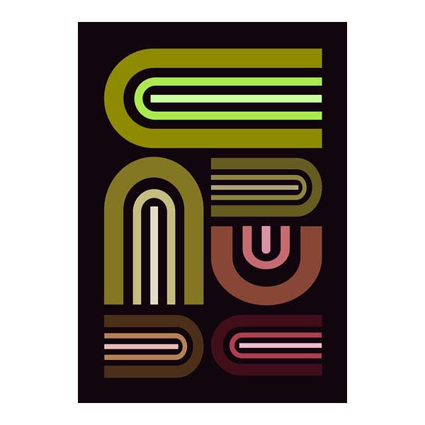 Abstract arch line art poster in olive green retro style on dark background