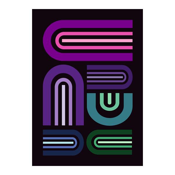 Abstract arch line art poster in magenta and teal retro style on dark background