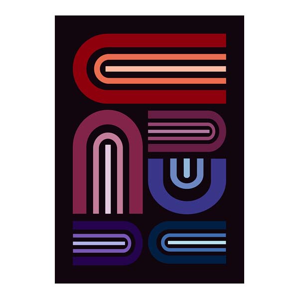 Abstract arch line art poster in terracotta red retro style on dark background