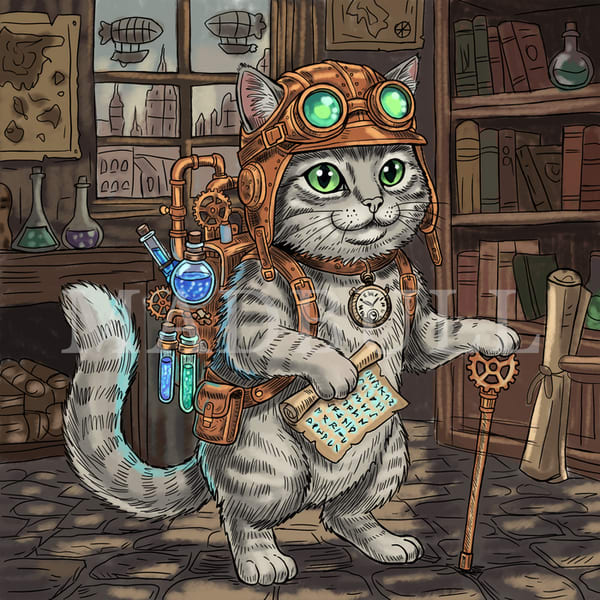 Ілюстрація «Кіт-Вчений у стилі Стімпанк» (Steampunk Cat Explorer)