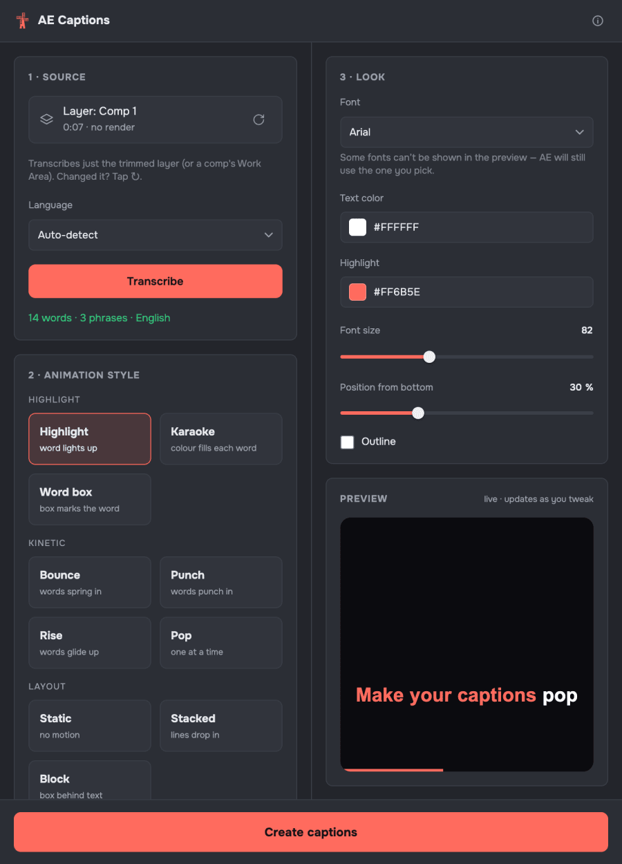 The AE Captions panel inside After Effects: source, animation styles, look settings and a live preview