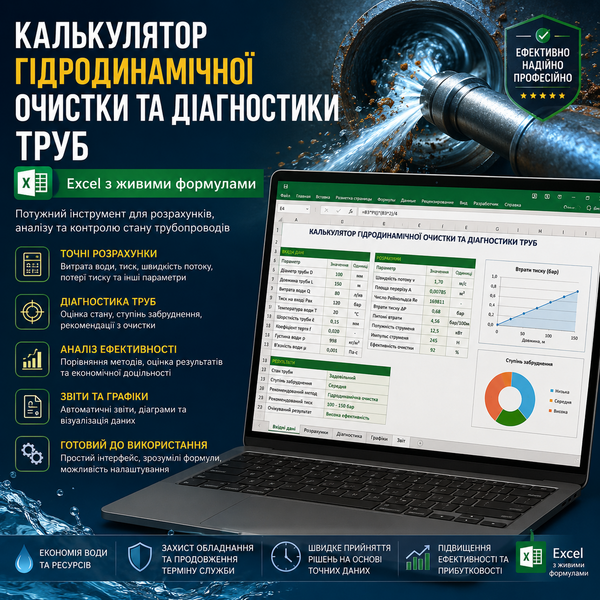 Калькулятор гідродинамічної очистки та діагностики труб | Excel з живими формулами