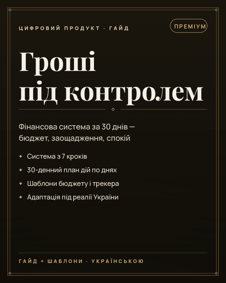 Обкладинка гайду «Гроші під контролем» — преміум-видання з золотим рамкуванням, серифним заголовком і позначкою «Преміум»