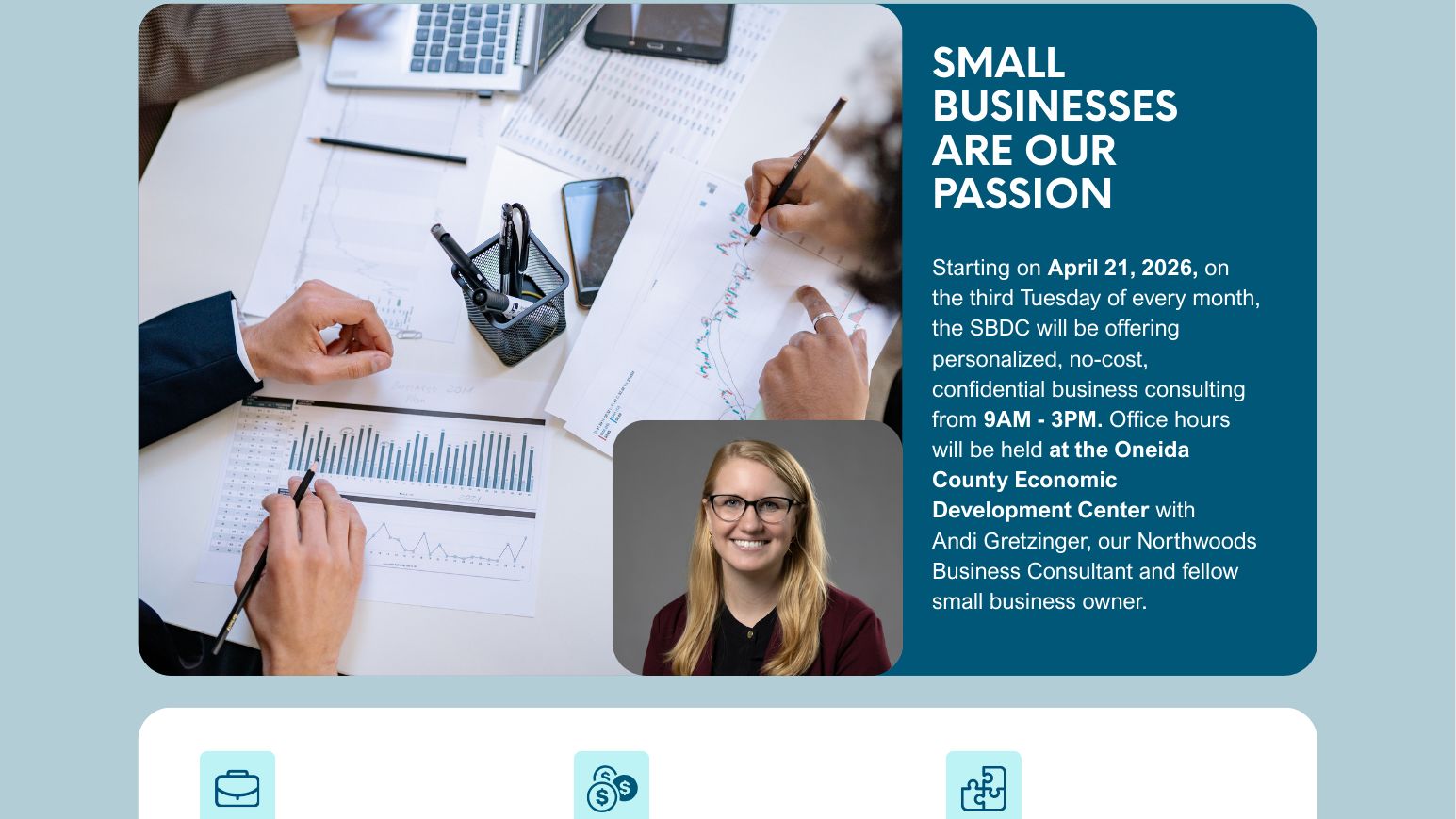 Flyer for the Oneida County Economic Development Corporation's new office hours, featuring information about small business resources, planning sessions, and contact details.