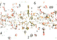 Ein Bild mit verschiedenfarbigen und unterschiedlich großen Zahlen, die auf einem weißen Hintergrund scheinbar zufällig verteilt sind. Zahlen in Schwarz, Rot, Orange und Grün schweben in verschiedenen Ausrichtungen und Ebenen.