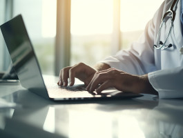 Ein Arzt in einem weißen Kittel mit Stethoskop um den Hals arbeitet konzentriert an einem Laptop in einer modernen, hellen Arztpraxis.