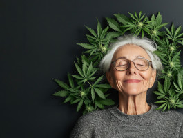 Eine Seniorin mit einem friedlichen Gesichtsausdruck ist umgeben von Cannabis.