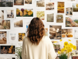Frau steht vor einer Wand mit Fotos und Notizen und betrachtet ein Vision Board zur Planung von Zielen, Neujahrsvorsätzen und neuen Gewohnheiten in ruhiger Arbeitsatmosphäre.