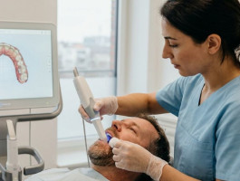 Eine zahnmedizinische Fachangestellte erstellt den digitalen Zahnabdruck eines Patienten.