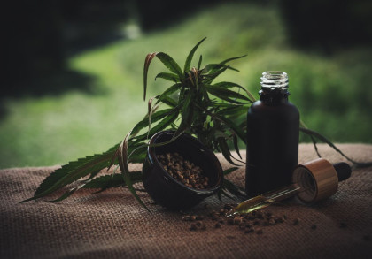 Mittig auf einem Jutestoff liegenden Cannabisblätter. Neben den Blättern befindet sich eine kleine Schale mit Hanfsamen und ein braunes Fläschchen mit offener Pipette. Im Hintergrund ist unscharfe grüne Natur zu sehen.