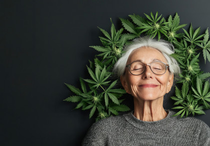 Eine Seniorin mit einem friedlichen Gesichtsausdruck ist umgeben von Cannabis.