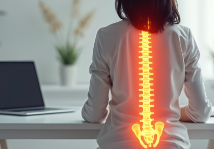 Frau sitzt aufrecht an einem Schreibtisch mit visualisierter Wirbelsäule in leuchtender Farbe – Symbol für ergonomisches, rückenschonendes Sitzen und gesunde Körperhaltung im Büro. Pflanzen und Laptop im Hintergrund unterstreichen Arbeitsumgebung.
