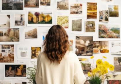 Frau steht vor einer Wand mit Fotos und Notizen und betrachtet ein Vision Board zur Planung von Zielen, Neujahrsvorsätzen und neuen Gewohnheiten in ruhiger Arbeitsatmosphäre.