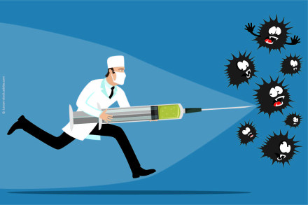 Illustration eines Arztes in weißem Kittel und mit Mundschutz, der eine riesige Spritze hält. Er rennt in Richtung einer Gruppe verängstigter, virenähnlicher Kreaturen vor einem blauen Hintergrund.