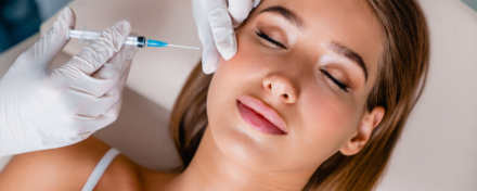 Eine Frau mit geschlossenen Augen erhält eine Botox-Injektion in die Gesichtspartie. Eine Hand in weißen Handschuhen hält die Spritze, die Behandlung wirkt professionell und ästhetisch.