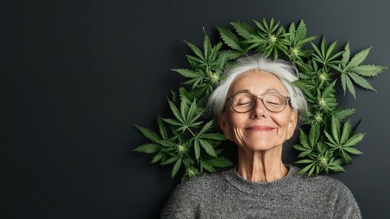 Eine Seniorin mit einem friedlichen Gesichtsausdruck ist umgeben von Cannabis.