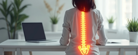 Frau sitzt aufrecht an einem Schreibtisch mit visualisierter Wirbelsäule in leuchtender Farbe – Symbol für ergonomisches, rückenschonendes Sitzen und gesunde Körperhaltung im Büro. Pflanzen und Laptop im Hintergrund unterstreichen Arbeitsumgebung.