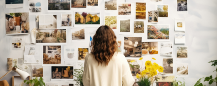 Frau steht vor einer Wand mit Fotos und Notizen und betrachtet ein Vision Board zur Planung von Zielen, Neujahrsvorsätzen und neuen Gewohnheiten in ruhiger Arbeitsatmosphäre.